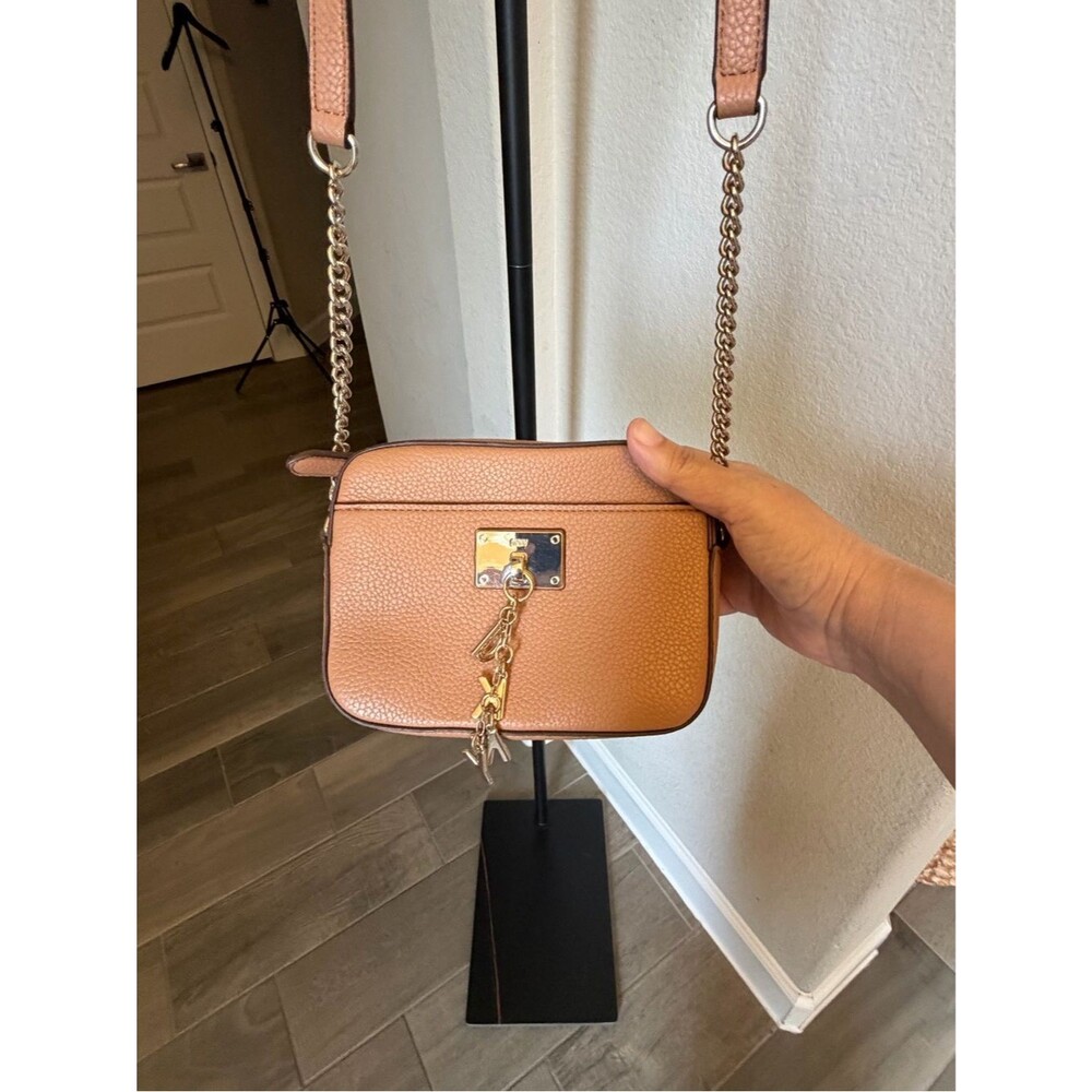 DKNY Tan Pebbled Leather Crossbody Cleo Mini Camera with Gold Charm Detail